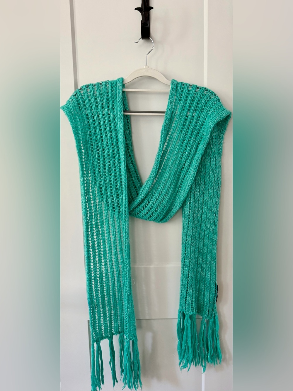Hollister Aqua/Green/Mint/Teal and Silver Metallic Scarf/Wrap with Fringe Ends